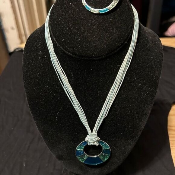 Lia Sophie Teal & Green Enamel Pendant Necklace & Hoop Earrings Set - Picture 9 of 11